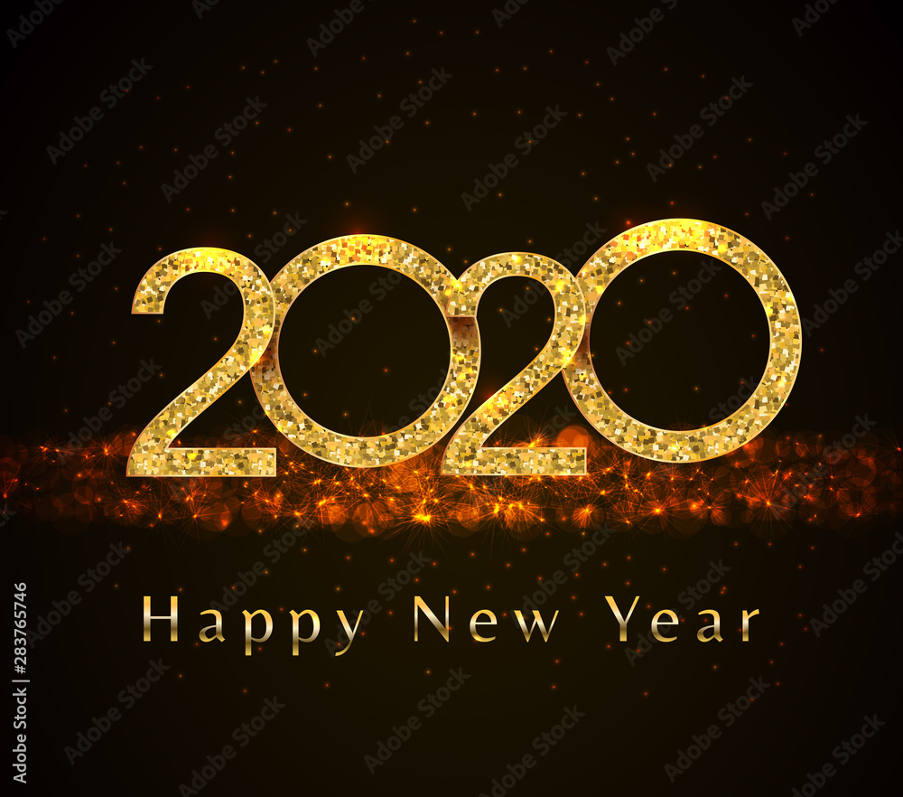 Wall mural 2020 happy new year golden sparkling glitter numbers design on abstract black background with flare 