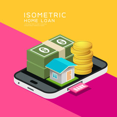 Isometric home and money vector on mobile phone, design background, illustration