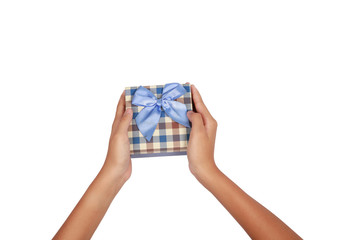Young woman hand hold gif or present box for someone with clipping path