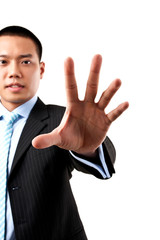 Asian business man with hand stop sign.