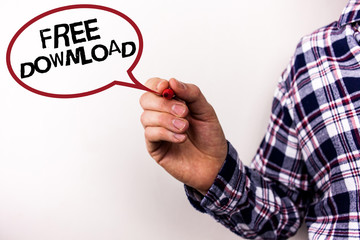 Text sign showing Free Download. Conceptual photo Files Downloading Without Any Charges Online Technology Text white background man hand red marker shirt work school plan meeting