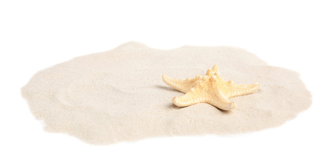 Fototapeta na wymiar Pile of beach sand with beautiful starfish on white background
