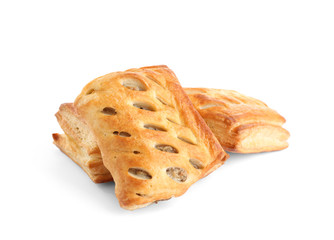 Fresh tasty puff pastry on white background