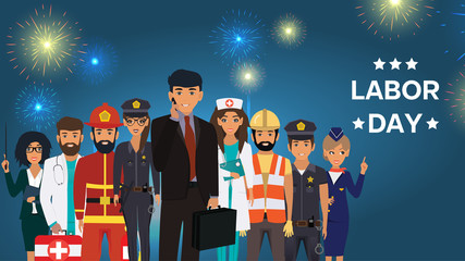 International Labor Day. People Group Different Occupation Set. Stewardess, Fireman, Police, Doctor, Nurse, Builder, Teacher. Vector illustration in a flat style 