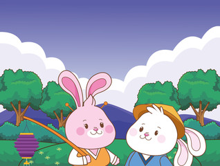 Rabbits in mid autumn festival cartoons