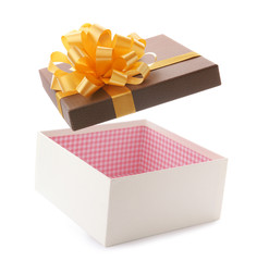 Open empty gift box with bow on white background