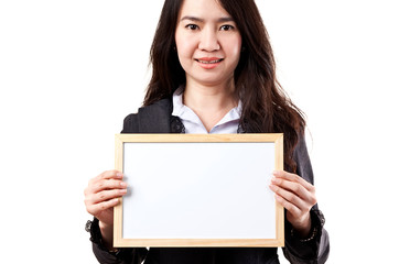 Business woman holding a blank white board
