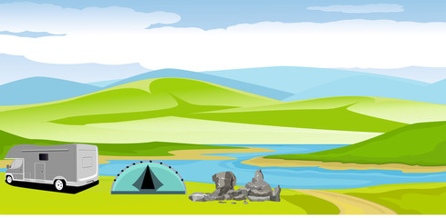 Fototapeta na wymiar Tourists camp in river coast and green fields, blue mountains in horizon Vector illustration of a beautiful nature scene