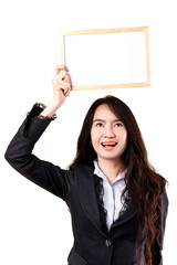 Business woman holding a blank white board