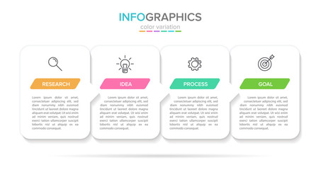 Concept of arrow business model with 4 successive steps. Four colorful rectangular elements. Timeline design for brochure, presentation. Infographic design layout.