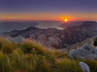 Croatian sunset above the adriatic sea with Brac island, view from saint Jure, Biokovo