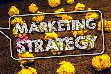 Writing note showing Marketing Strategy. Business photo showcasing Plan Formula Creativity Research Organization Timbered ground serially laid yellow paper lumps white words
