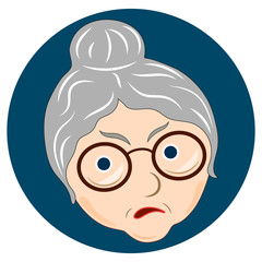 Flat icon, evil emotion. Grandma, the face is angry . Emotions of an old woman. Blue circle. Vector