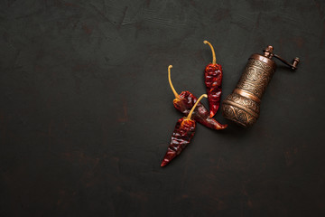 Turkish pepper mill or grinder with peppercorns of red hot chilli peppers on dark wooden background. Top view. Copy space. Healthy food concept