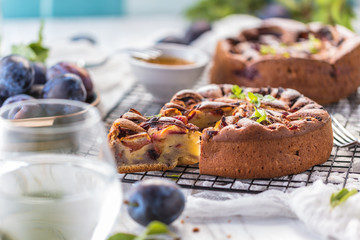Delicious sweet pies with plums on white table, close-up