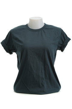 Dark green color female tshirt template on the mannequin
