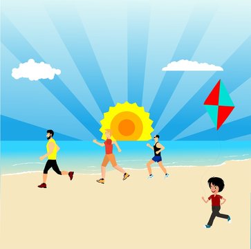 Childhood scene, children playing in the ocean beach sand, vector scene