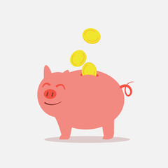 Piggy bank save money feeling happy.Happy pig save coins.