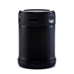 Balck thermos travel tumbler, cup. Closeup.