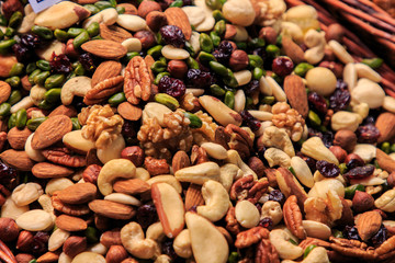 Variety of mixed nuts of different types in the Boqueria market