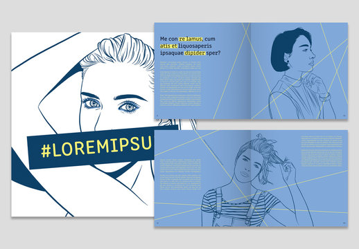 Blue and Yellow Booklet Layout with Portrait Illustrations