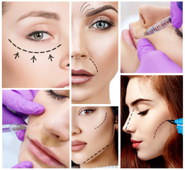 Collage of beautiful girl on rejuvenation procedure in beauty clinic.