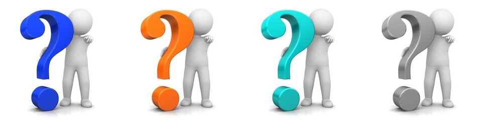 question mark 3d research sign 3d symbol icon set blue orange silver gray colored white stick figure asking thinking man learning person