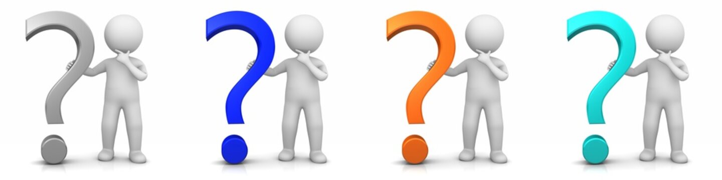 asking question man question marks interrogation points white stick figure person thinking asking character 3d render sign symbol icon set silver blue orange isolated