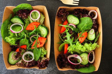 Healthy salad, leaves mix salad (mix micro greens, cucumber, tomato, onion, other ingredients)...