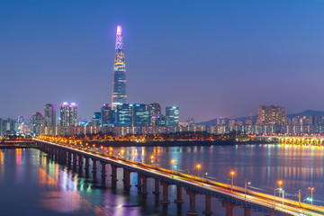 Seoul Subway and Lotte Tower at Night, South korea