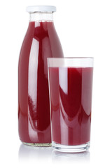 Fresh berry smoothie fruit juice drink wild berries in a bottle and glass isolated on white
