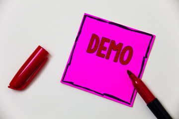 Conceptual hand writing showing Demo. Business photo showcasing Trial Beta Version Free Test Sample...