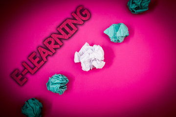 Conceptual hand writing showing E-Learning. Business photo text Education by the internet Distant Schooling Web Courses Studies Ideas messages pink background crumpled papers several tries