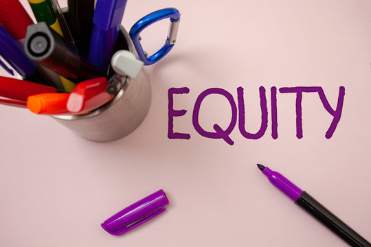 Handwriting text writing Equity. Concept meaning Value of a company divided into equal parts owned by shareholders White background purple pen markers ideas messages inspirational inspire