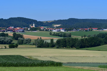 Fototapeta na wymiar A small town with a church in Bavaria in the Upper Palatinate.