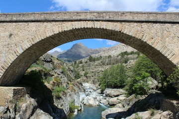Fototapeta na wymiar Monte Cinto View and an Old Bridge over Golo River near Albertacce in Corsica