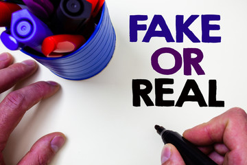 Writing note showing Fake Or Real. Business photo showcasing checking if products are original or...