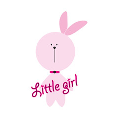 Little girl, pink bunny with cute text illustration, vector on white background. 