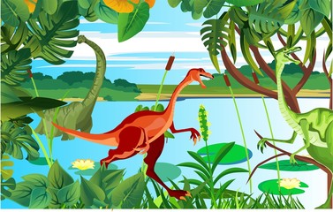 T rex raptor dinosaurs on the lake coast, prehistoric life scene, vector illustration