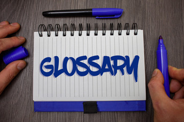 Word writing text Glossary. Business concept for Alphabetical list of terms with meanings...