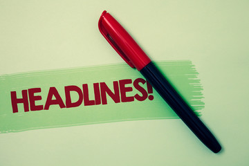 Conceptual hand writing showing Headlines Motivational Call. Business photo showcasing Heading at the top of an article in newspaper Ideas messages red pen green background paint idea message