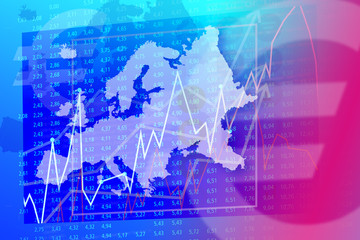 Background image with media screen Diagrams and graphs. In the background is the outline of Europe
