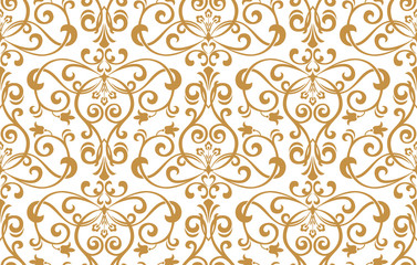 Floral pattern. Vintage wallpaper in the Baroque style. Seamless vector background. White and gold ornament for fabric, wallpaper, packaging. Ornate Damask flower ornament