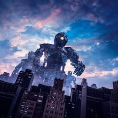 Dawn of the giants / 3D illustration of retro science fiction scene with huge alien robots attacking city © grandeduc