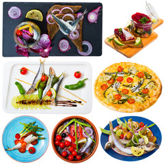 Collection of dishes of small fish