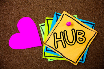 Word writing text Hub. Business concept for Device connecting computers Center of Wheel Activities Transportation Ideas messages paper pink heart cork background love lovely thoughts