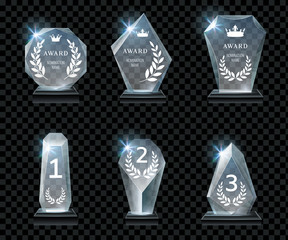 Winner glass trophy. First place award, crystal prize and signed acrylic trophies. Glass awarding trophy, championship win glossy cup. Realistic isolated vector signs set - obrazy, fototapety, plakaty