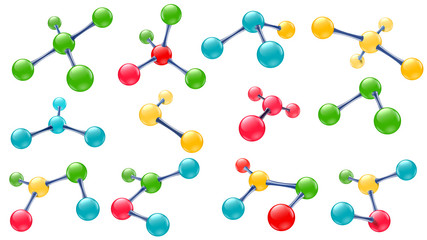 Science lab molecules. Vitamin molecule, chemical molecular structure and color molecules models. School biology laboratory or scientific medicine dna molecule 3d vector isolated symbols set
