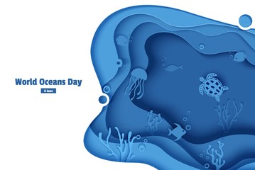 Paper cut butterflyfish, jellyfish, moonfish, turtle. Paper craft underwater ocean cave with fishes, coral reef, seabed in algae, waves. Diving concept, deep blue marine life. Vector sea wildlife