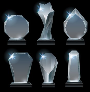 Transparent trophy awards. Glass award on stand, acrylic awards trophies and clear winner crystal realistic sign. Achievement prizes, sport victory trophy. Isolated vector icons set